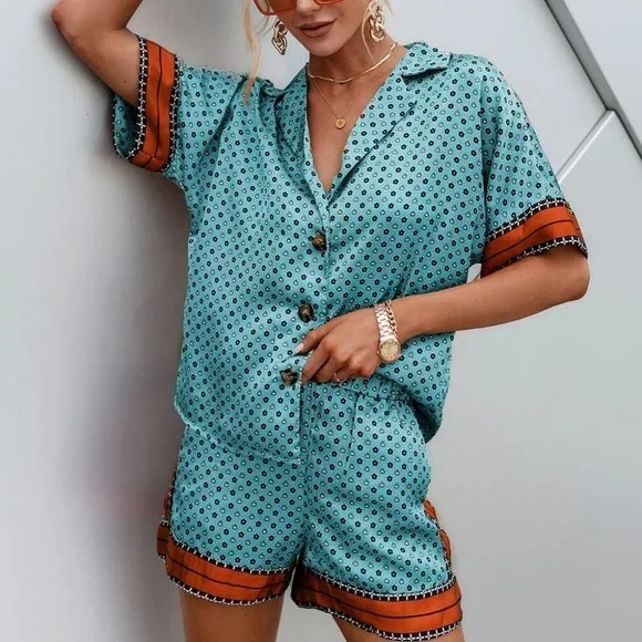 Blue Preppy Womens Allover Print Blouse & Paperbag Waist Shorts Set - Picture 4 of 4